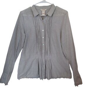 Sundance Button Up Shirt Gray White Stripe Cotton Blouse Raw Hems Womens Medium